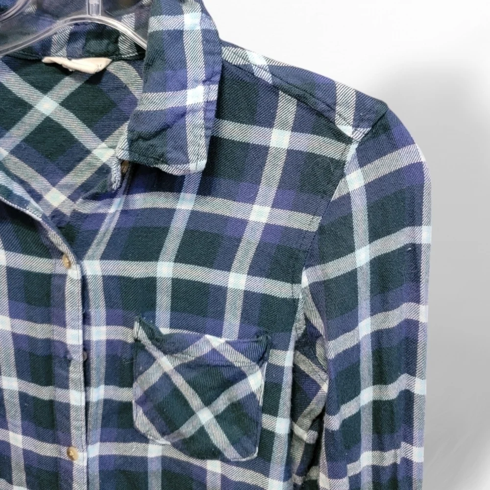Aeropostale Women's Medium Plaid Flannel Shirt Button Down Blue White T33